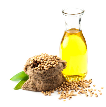 Soy beans and oil on white background